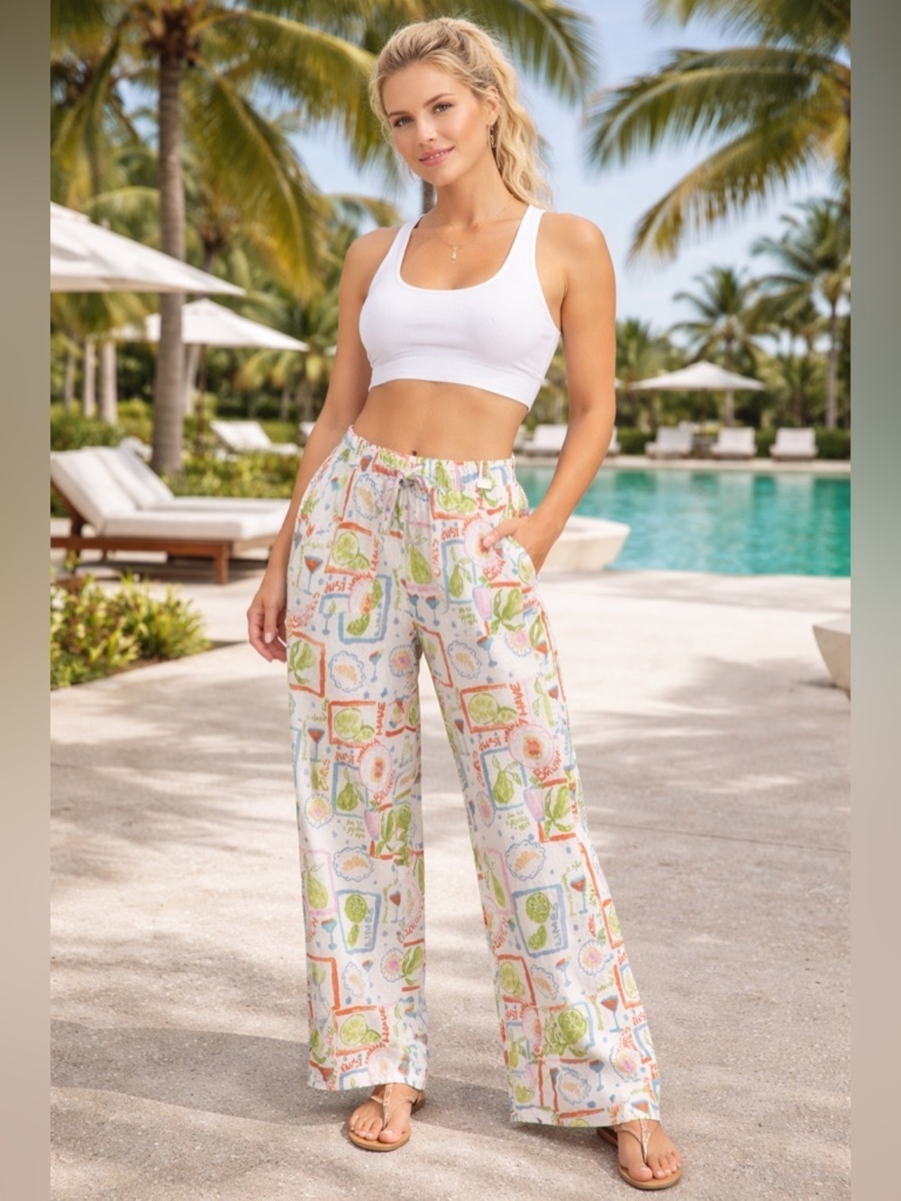 Cynthia Rowley 100% Linen Beach Pants Small Brunch Print Wide Leg NWOT